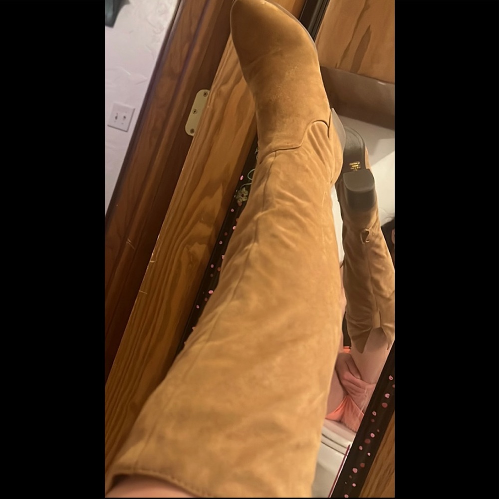 Suede tan heeled boots KNEE LENGTH!!!!!